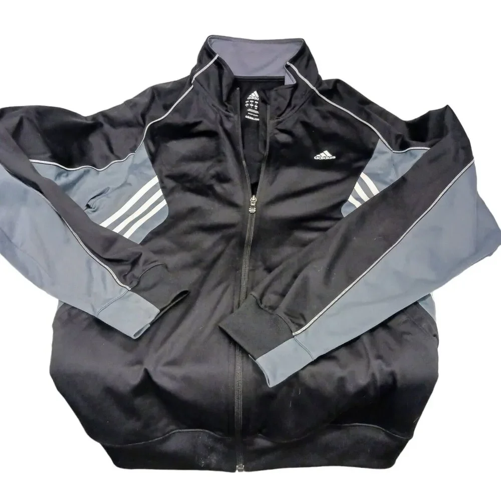 Y2K Adidas Track Jacket Men's Sz L Black GRAY WHITE STRIPES Zipper Retro Vintage